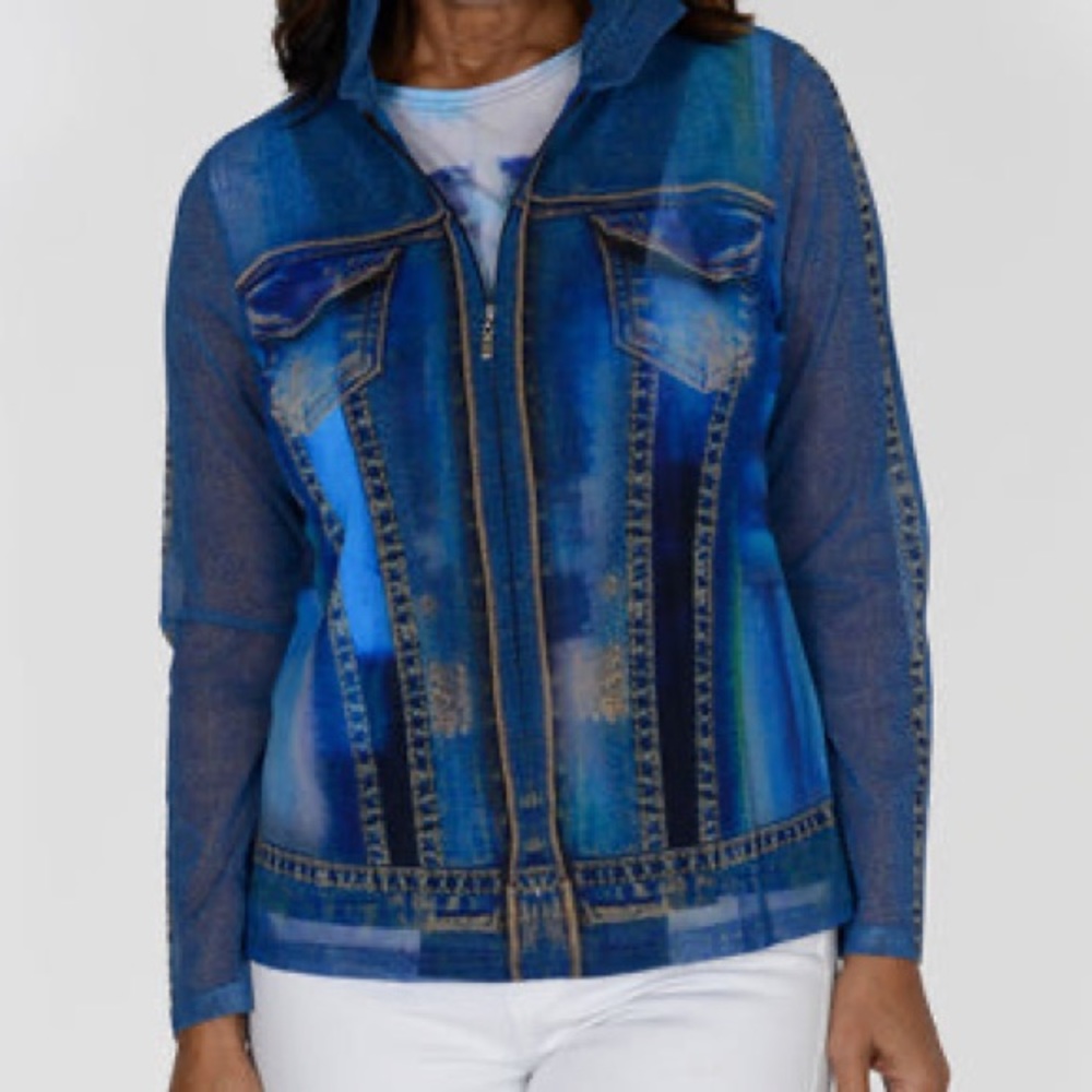NWT Damee Printed Denim 2 piece Set Sheer Jacket & Tank Top Women’s Size…